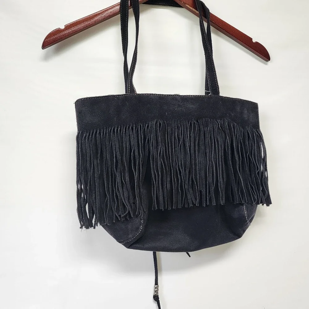 Nine West bag Suede Fringe Black BOHO PEASANT Aztec PRAIRIE‎ Cottagecore Hippie
